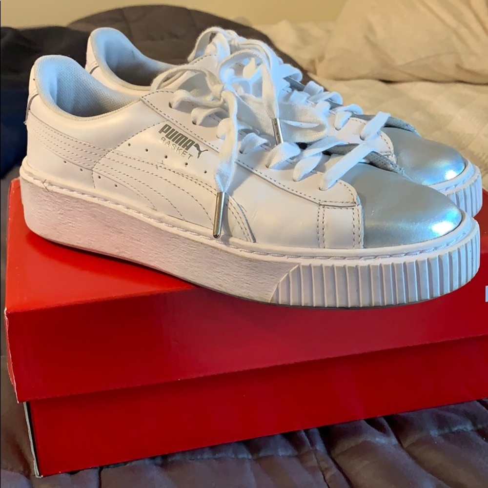 Platform White Puma with silver toe